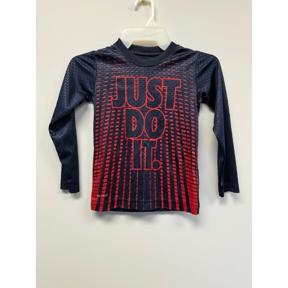 Nike Dri-Fit Boys Just Do It Long Sleeve Shirt‎ Size 5 4-5 YRS Navy Red Athletic